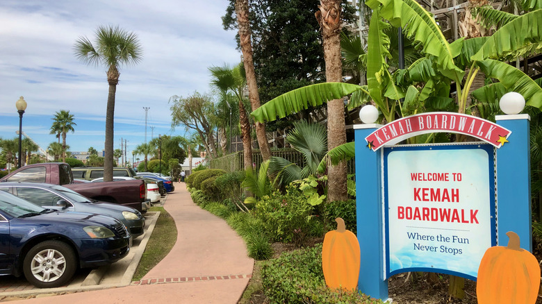 A welcome sign at Kemah Boardwalk reads, "Where the fun never stops."