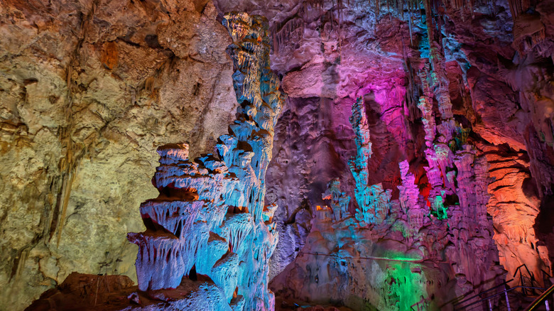 Lights illuminate the interior of the Canelobre Caves