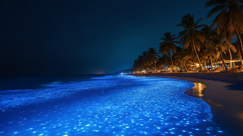 A beach at night with bioluminescent waves near a sandy shore with palm trees.