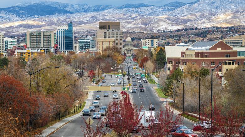 A view of downtown Boise and the Boise Foothills dusted with snow