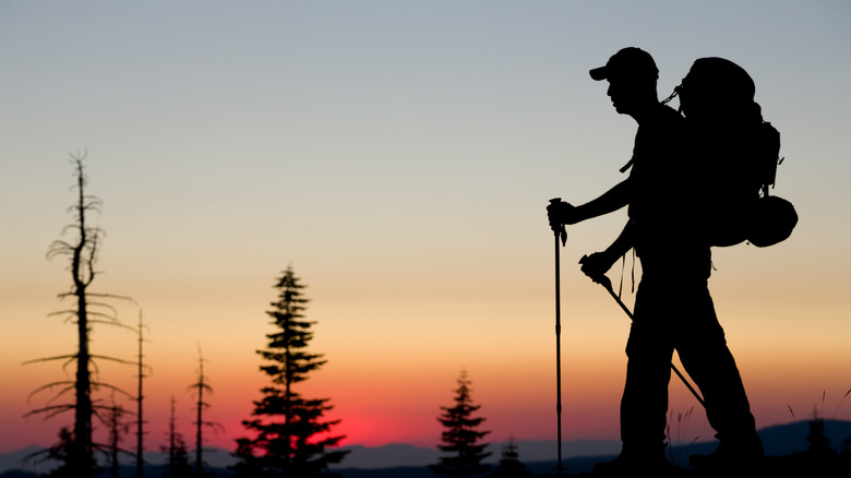A lone backpacker walking along the Pacific Crest Trail in California