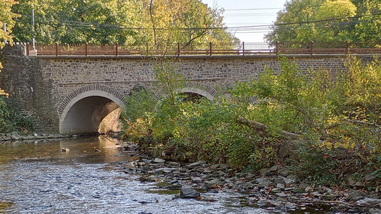 A view of the Pennypack Bridge surrounded by trees, with shallow water flowing underneath
