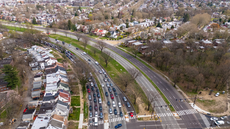 Cars on Roosevelt Boulevard in Northeast Philadelphia, pictured from above