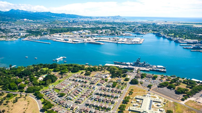 Aerial view of Pearl Harbor, including part of Pearl City