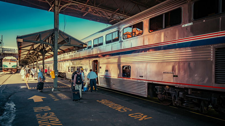 Passengers boarding the Coast Starlight train in Portland, Oregon