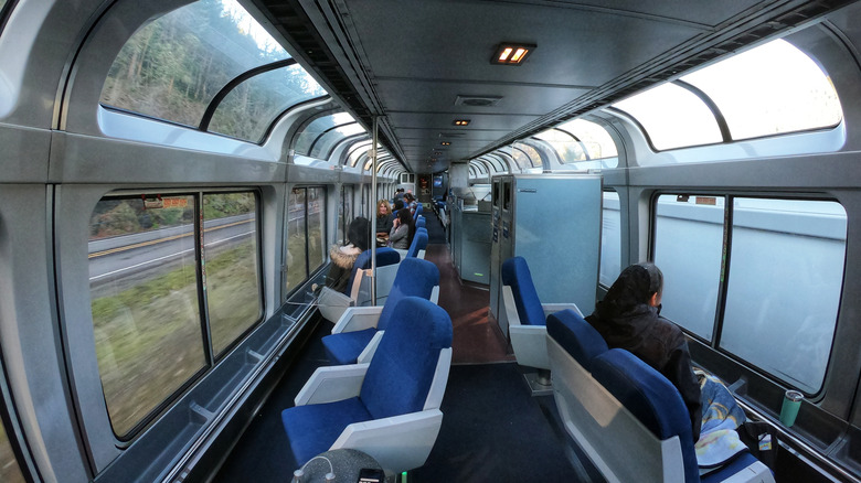 A view of seating in the observation car on the Amtrak Coast Starlight train
