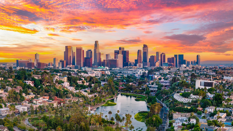 The Los Angeles downtown skyline at sunset