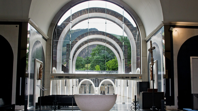 Unique inner sanctuary under modern arches in Basilica Sanctuary of Meritxell, Andorra