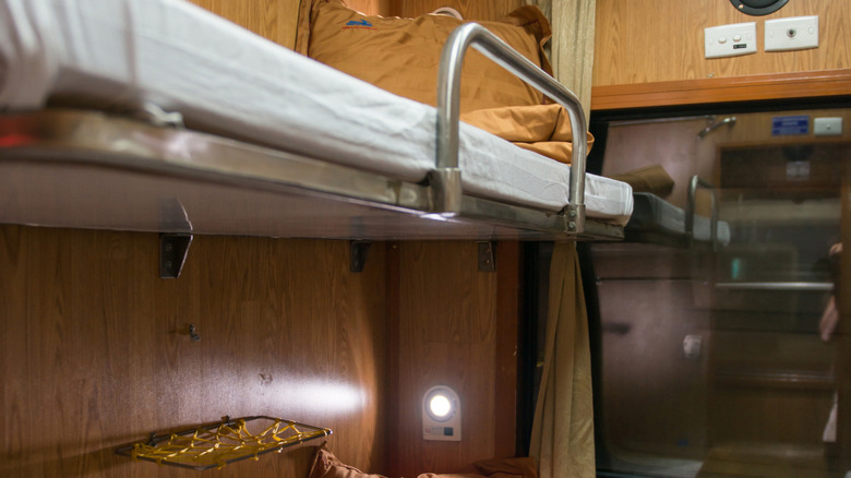 interior view of a bed in private room on a train
