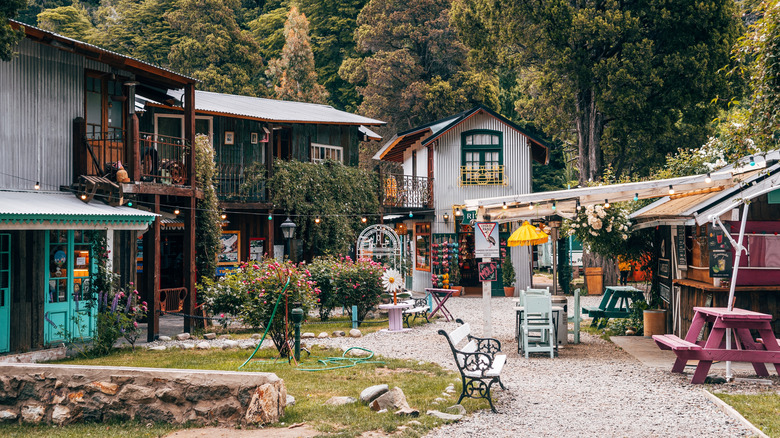 Views of Swiss camp in Bariloche, Argentina with Alpine-inspired buildings
