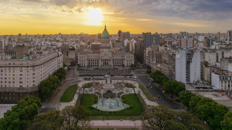 Aerial view of the Congress, the Argentine National Congress, located in the city of Buenos Aires, Argentina at sunset.