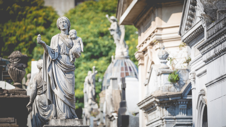 Beautiful marble mausoleums and sculptures at Recoleta Cemetery, a public cemetery in Buenos Aires, Argentina.