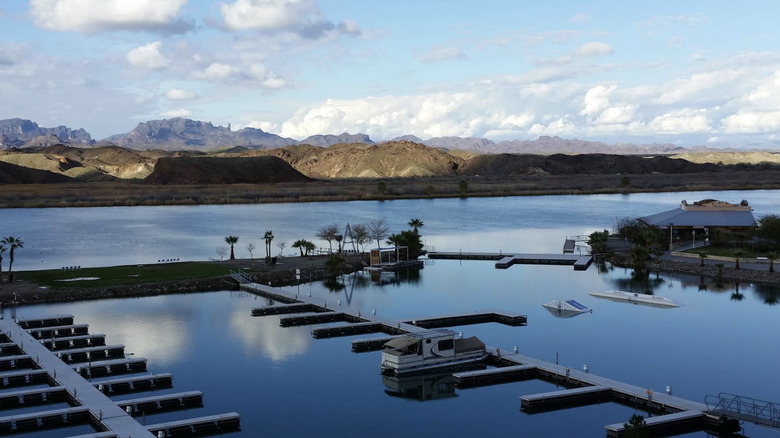 Boat slips along the Colorado River at River's Edge Cantina in Parker, Arizona