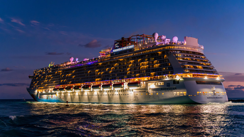 Cruise ship at sea and illuminated at night