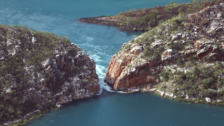 An aerial view of Horizontal Falls in Western Australia