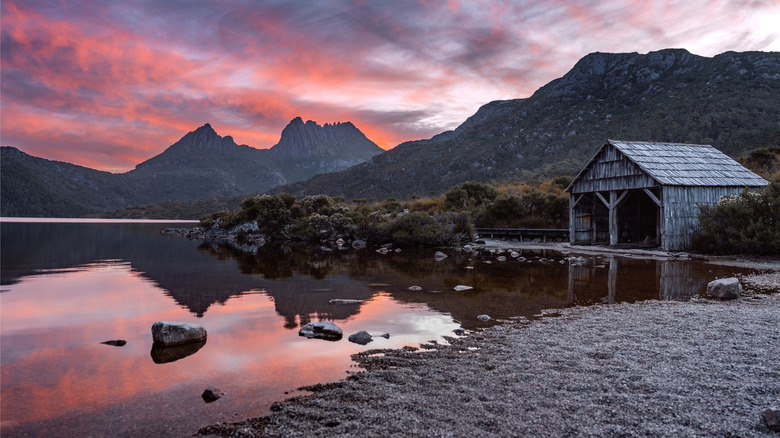 Sunset on Dove Lake with a boathouse, Cradle Mountain-Lake St. Claire National Park, Tasmania