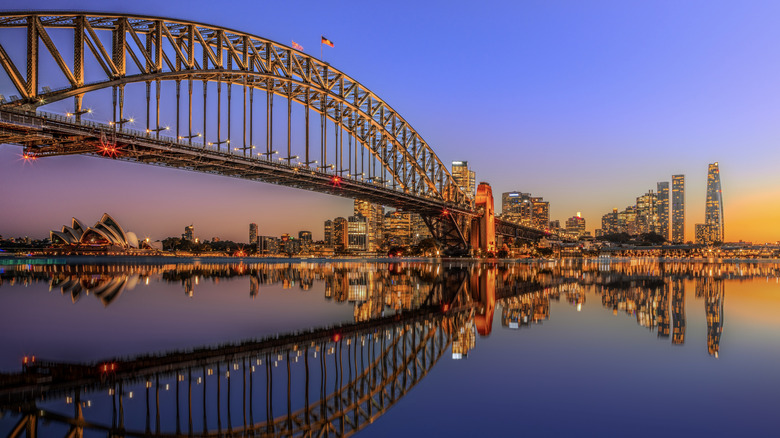 Sunset in Sydney Harbour with an emphasis on Sydney Harbour Bridge