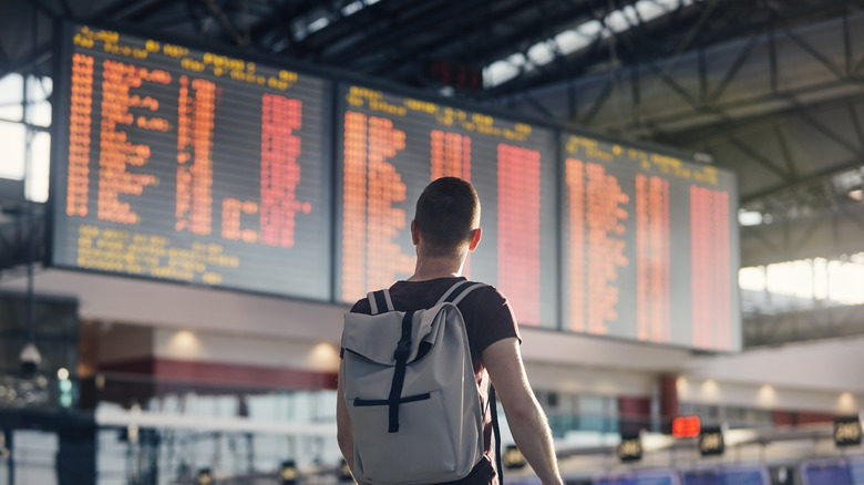 Traveler checking on flights at the airport