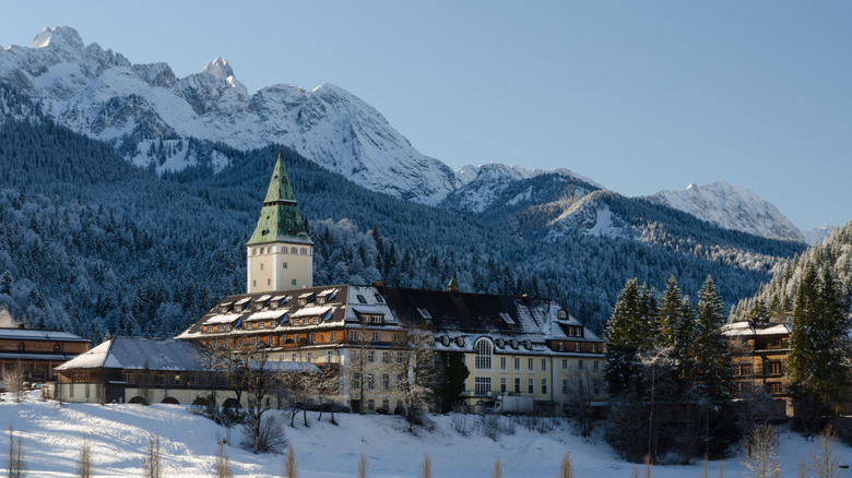 A snowy resort at the foot of Zugspitze mountain in Garmisch-Partenkirchen, Germany