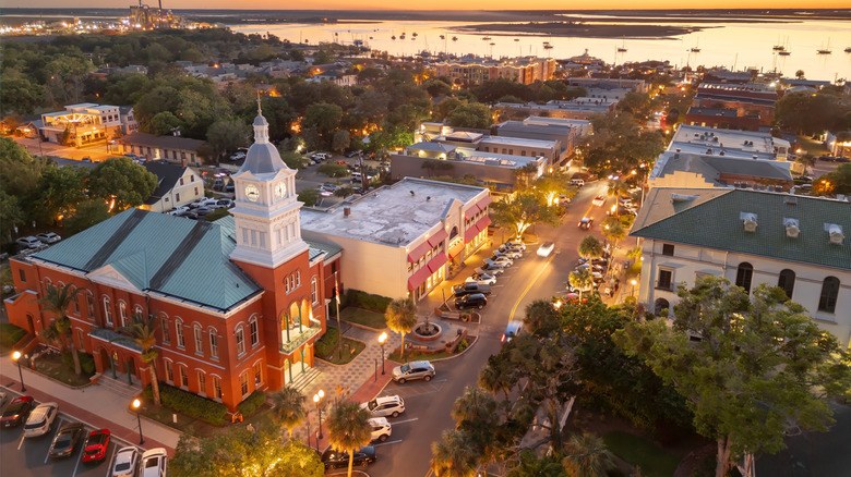 Aerial view of historic Victorian architecture in downtown Fernandina Beach, Florida at dusk.