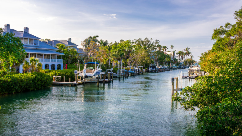 Siesta Key canal view with houses and marina in Sarasota, Florida