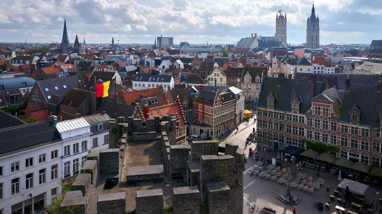 An aerial view of the Ghent skyline