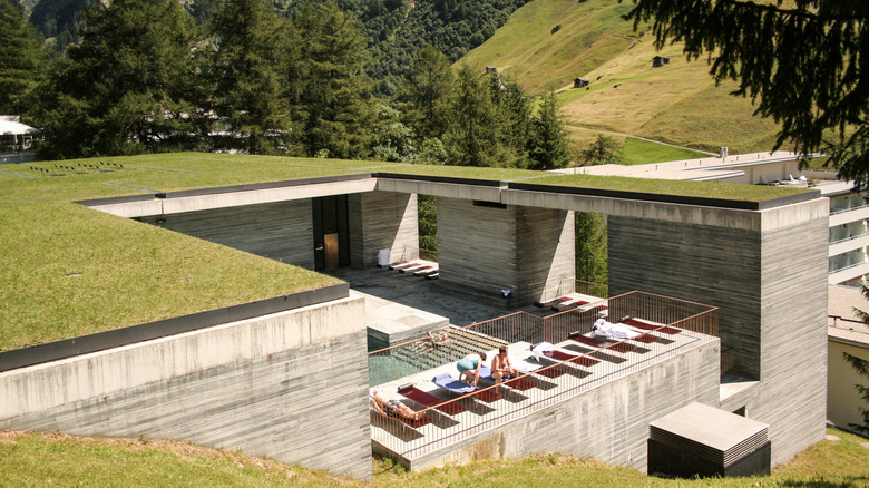 Aerial view of the modern outdoor Vals Thermal Baths at 7132 Hotel in Switzerland