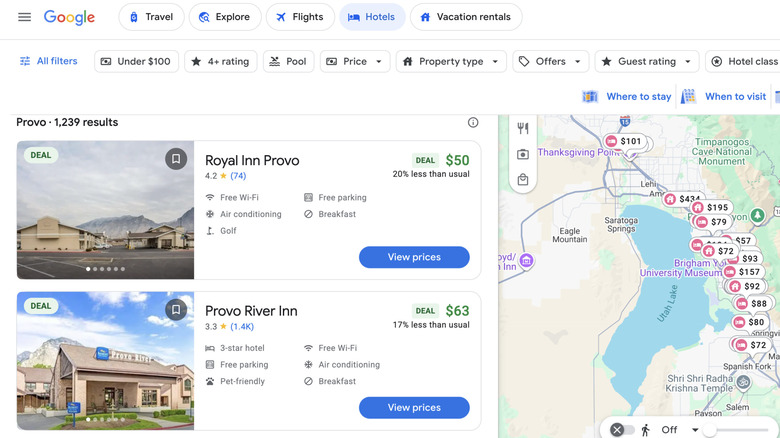 A detail of a search for Provo hotels on Google Travel
