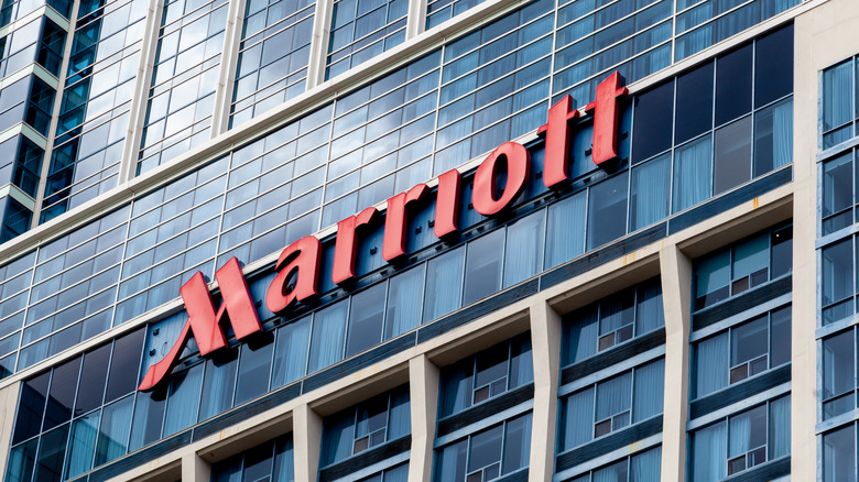Detail of the Marriott logo on a Marriott Hotel in Niagara Falls, Ontario