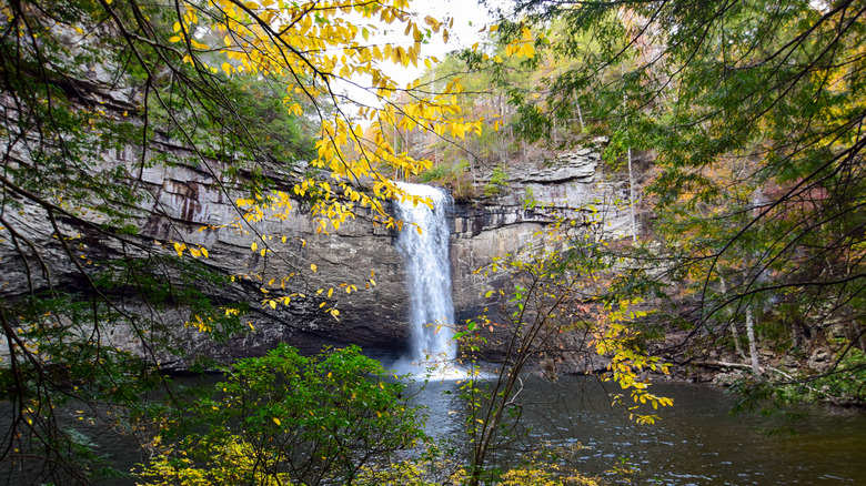 Foster Falls framed by fall foliage in Tennessee's Fiery Gizzard State Park