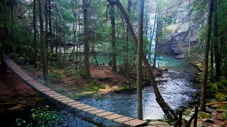 A suspension bridge near Foster Falls in Tennessee's Fiery Gizzard State Park