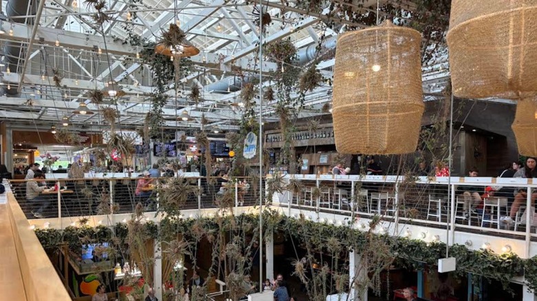 Inside the Anaheim Packing District Food Hall, with vines and light fixtures hanging
