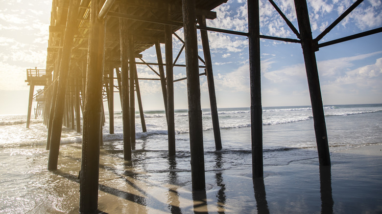 View from beneath a pier, showing its supports and the water in Carlsbad, California