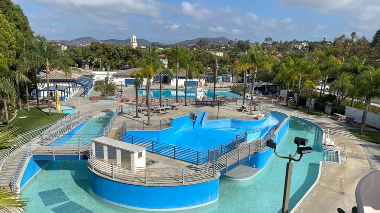 The Wave Waterpark water areas while empty, surrounded by trees