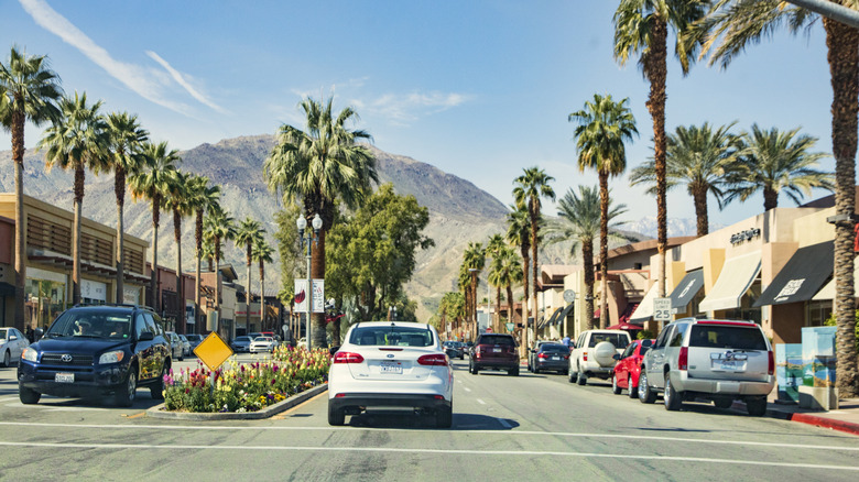 A street in Downtown Palm Springs, California, with cars and rows of palm trees