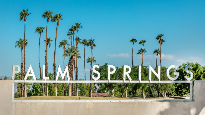 A sign for Palm Springs with tall palm trees in the background