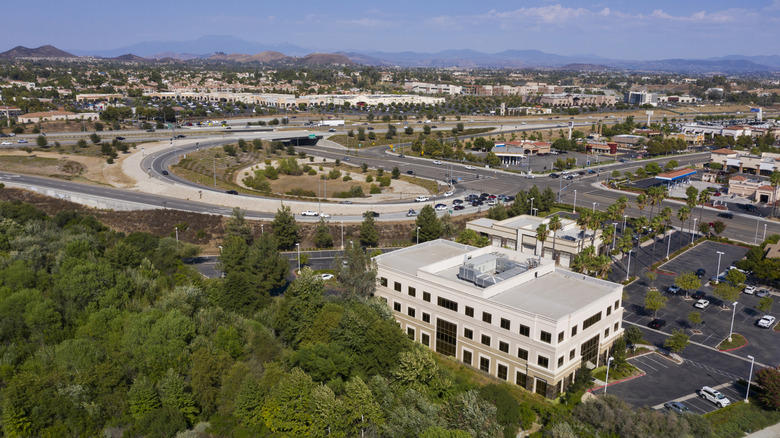 Aerial shot of Murrieta, California, with buildings, roads, and parking lots