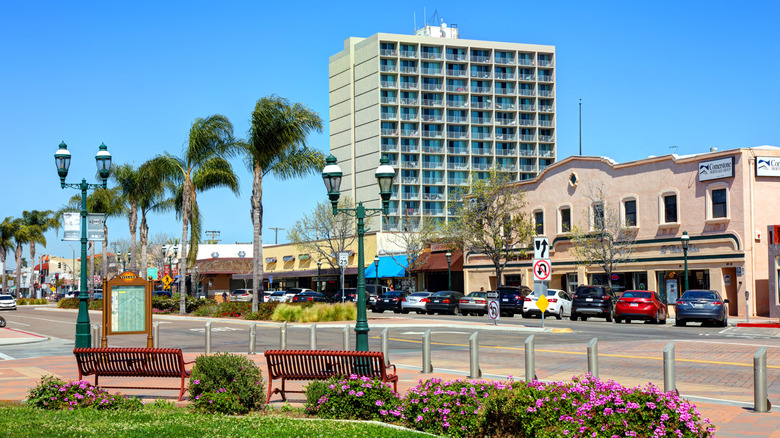 A street with benches, palm trees, and buildings in central Chula Vista, California