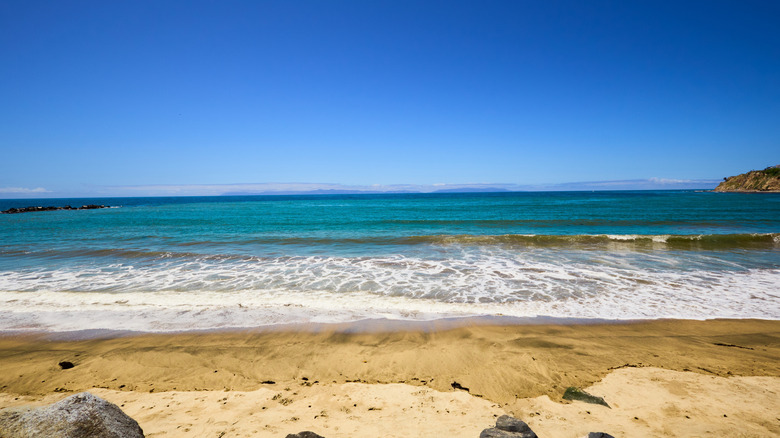 The view from Cabrillo Beach looking toward Catalina Island on a sunny day