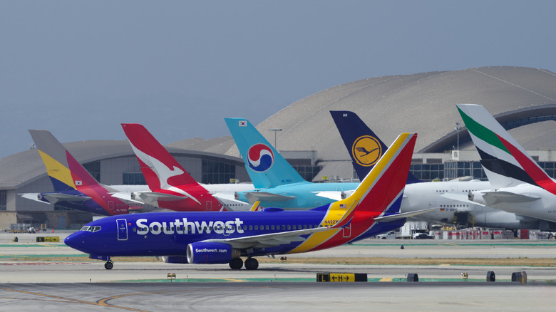 A Southwest Airlines jet taxiing at Los Angeles International Airport