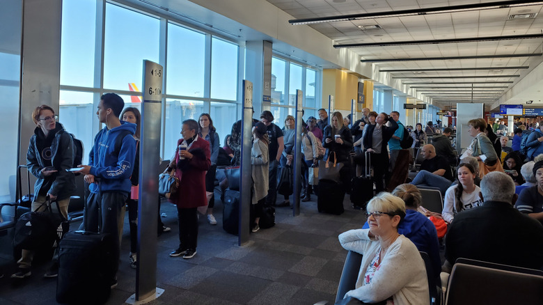 Passengers lining up to board on Southwest Airlines