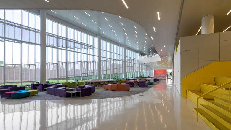 luminous interior reading room with colorful seating at James B. Hunt Jr. Library