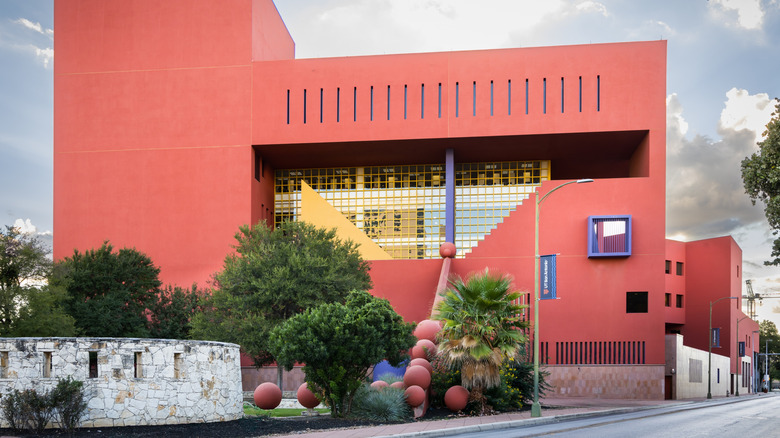 exterior facade of the library with colorful geometric shapes