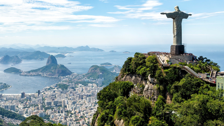The Christ the Redeemer statue overlooking the Sugarloaf Mountain in Rio de Janeiro, Brazil