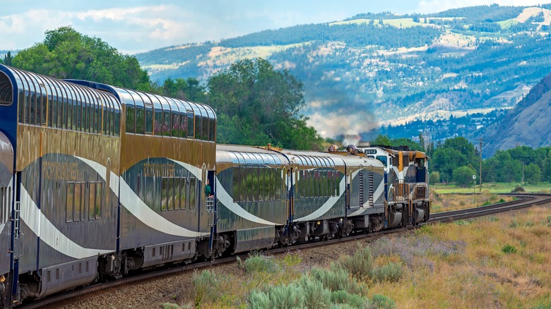 The Rocky Mountaineer train in the Rocky Mountains near Kamloops