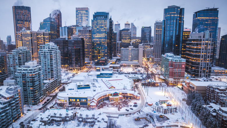 An aerial view of downtown Calgary in the winter