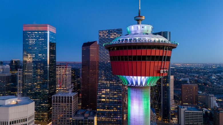 A close-up view of Calgary Tower taken from another building