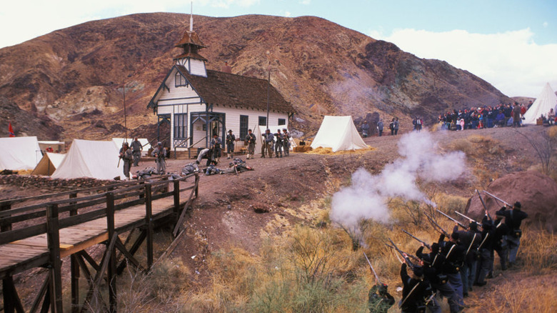 A Civil War battle reenactment takes place in Calico Ghost Town Reginal Park, Yermo, CA, US.
