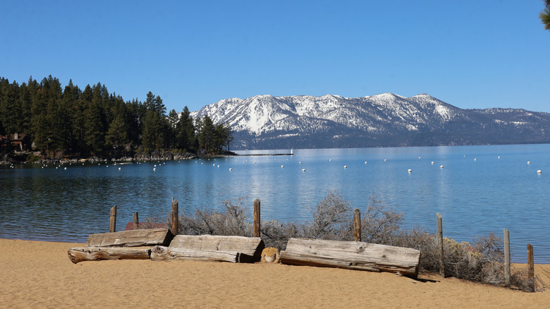 Lake Tahoe and Tahoe City in the summer from a beach