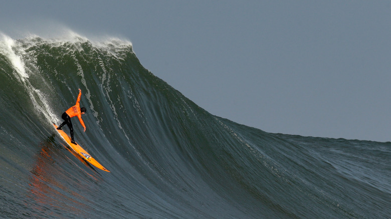 A surfer rides a monster "Maverick" wave off of Point Pillar, Half Moon Bay, California